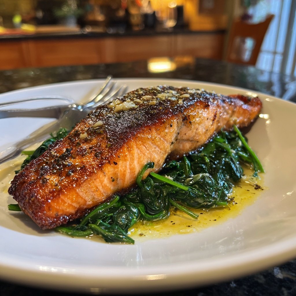 Pan-Seared Salmon With Garlic Spinach