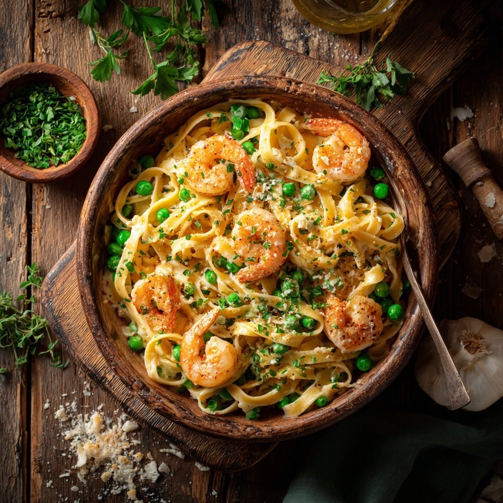Shrimp, Peas, and Fettuccine
