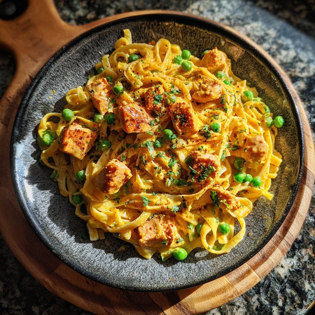 Curried Salmon Pasta with Peas